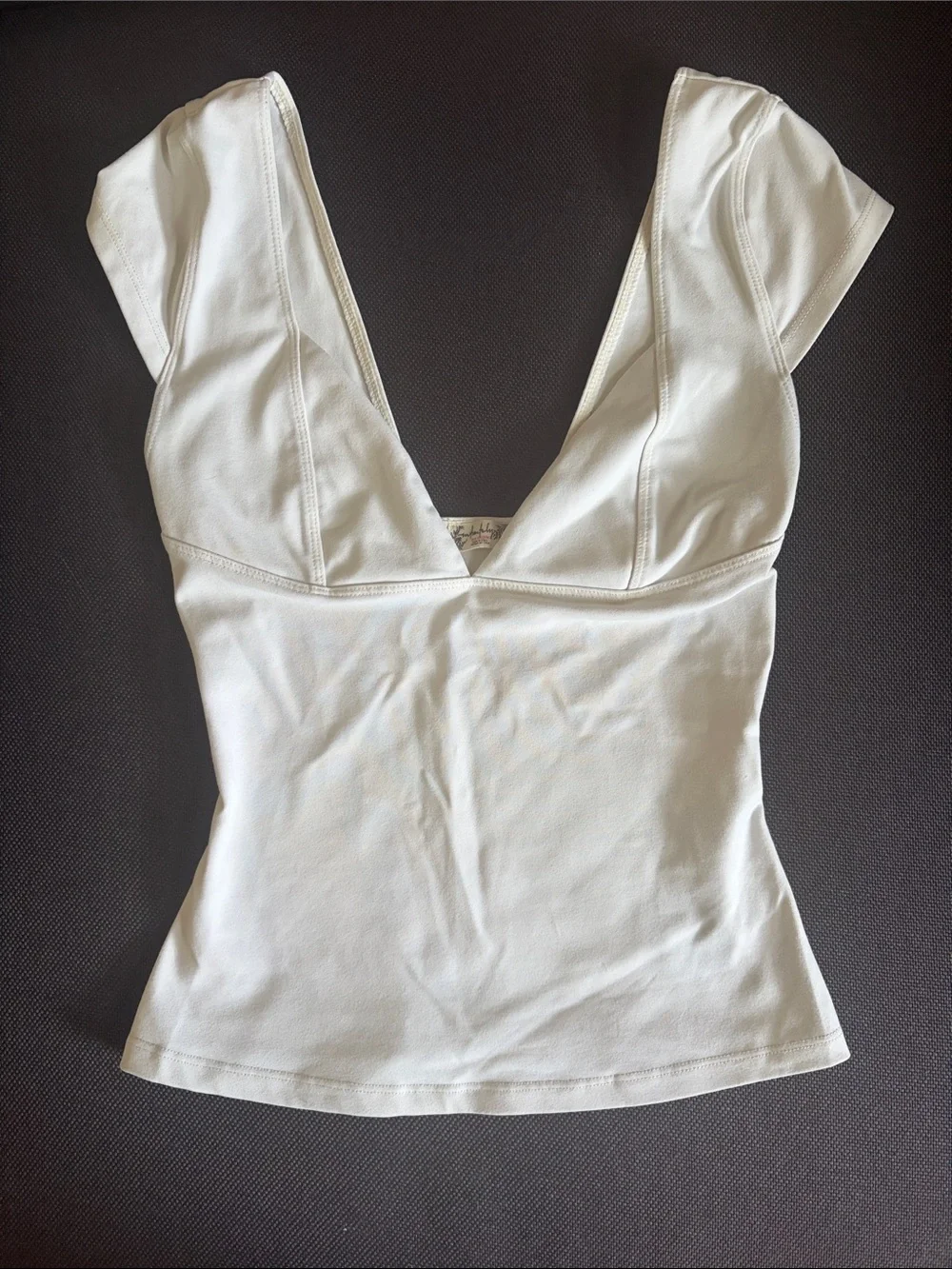 Free People Cream V-Neck Cap Sleeve Fitted Top